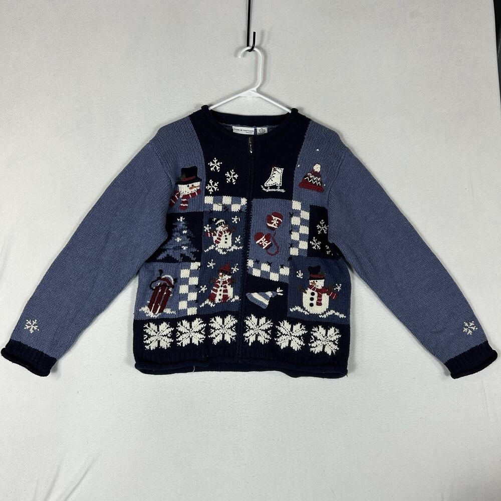 Croft & Barrow Ugly Christmas Sweater Cardigan Women's PL Full Zip Front Snowman